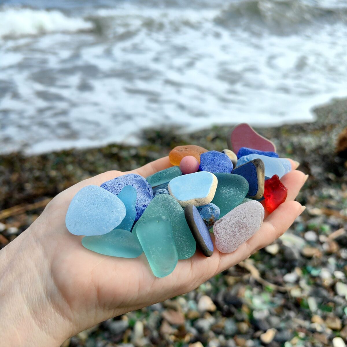 A handful of beach treasures against the backdrop of the Japan Sea