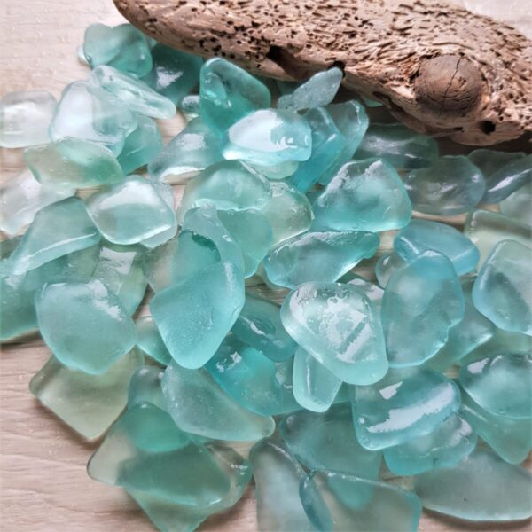 Small seafoam sea glass pieces displayed on a driftwood