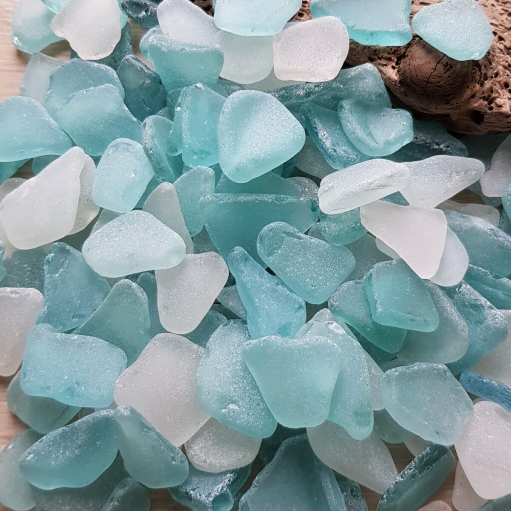 This small aqua-white sea glass for crafts is a real treasure of the Sea of Japan