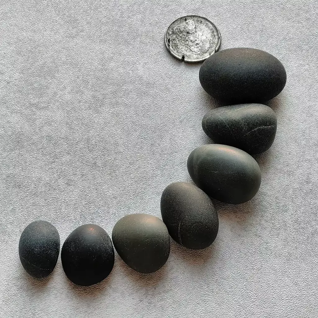 black pebbles with a coin for reference