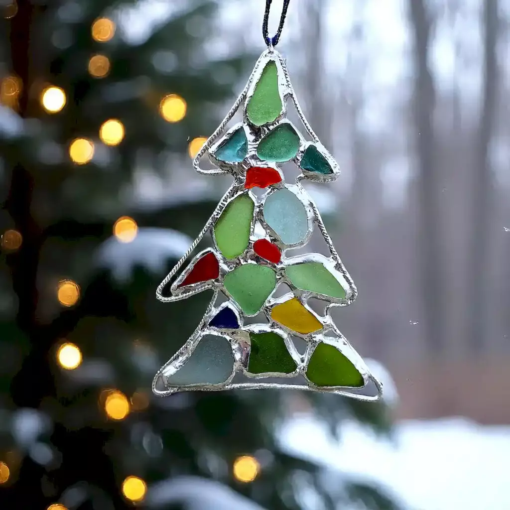 Sea glass Christmas tree ornament next to window- Japan Sea glass
