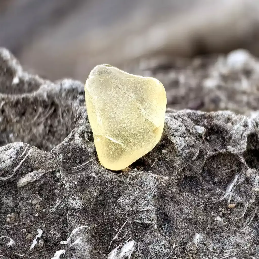 A deeply textured, crackled yellow sea glass gem resting on a dark coastal stone near Steklyannaya Bay.
