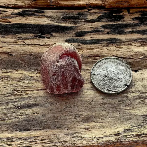 UV Red Multi Sea Glass Shard displayed with a coin