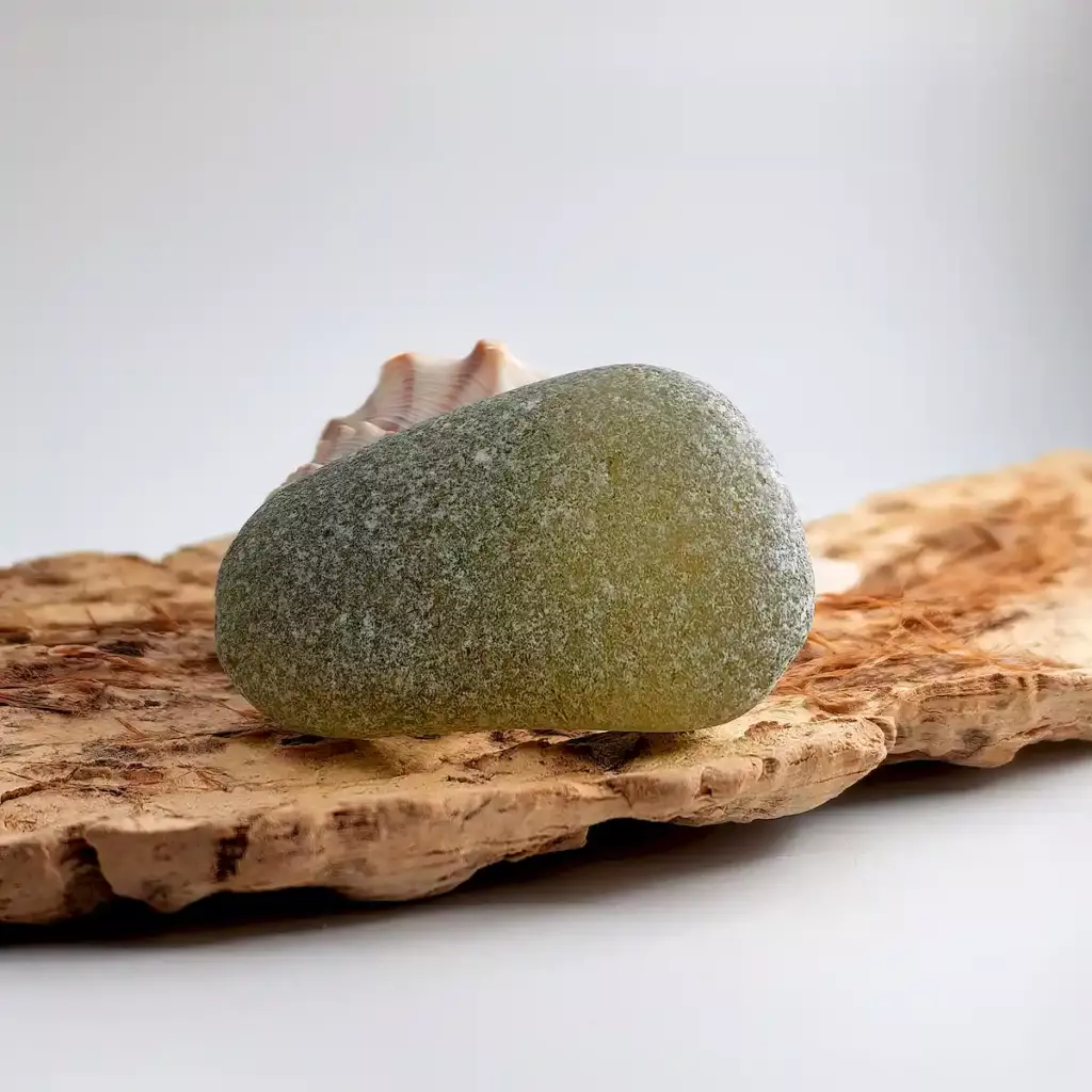 Extra Large Olive sea glass displayed on a driftwood