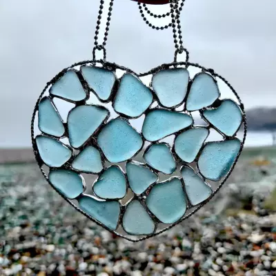 Aqua Sea Glass Heart Suncatcher- Japan Sea glass