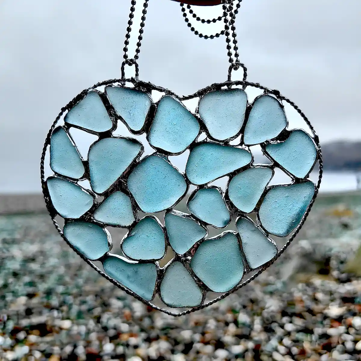 Aqua Sea Glass Heart Suncatcher- Japan Sea glass