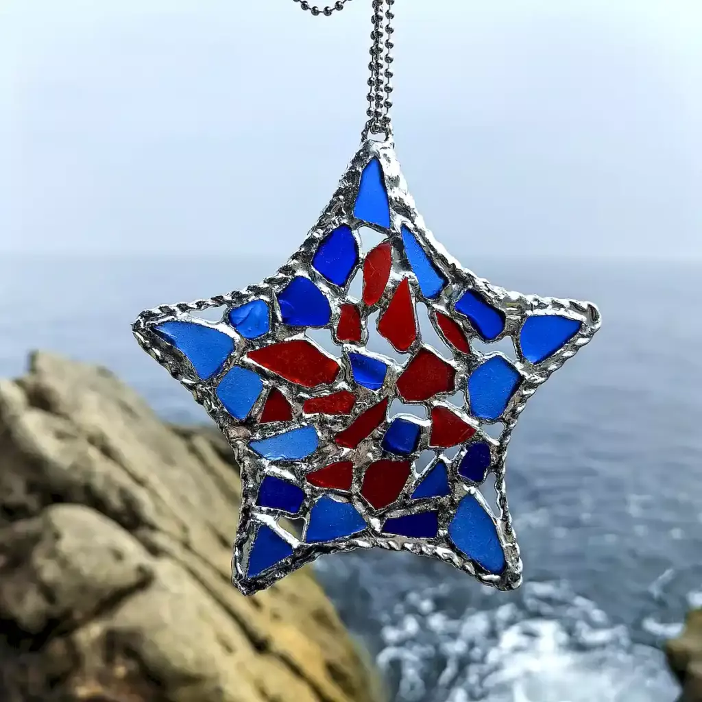 Starfish Sea Glass Suncatcher made from blue and red sea glass - Japan Sea Glass