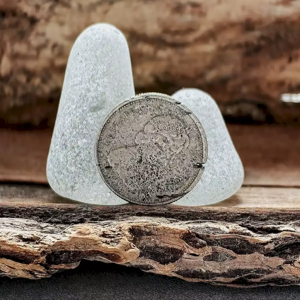 White sea glass on driftwood