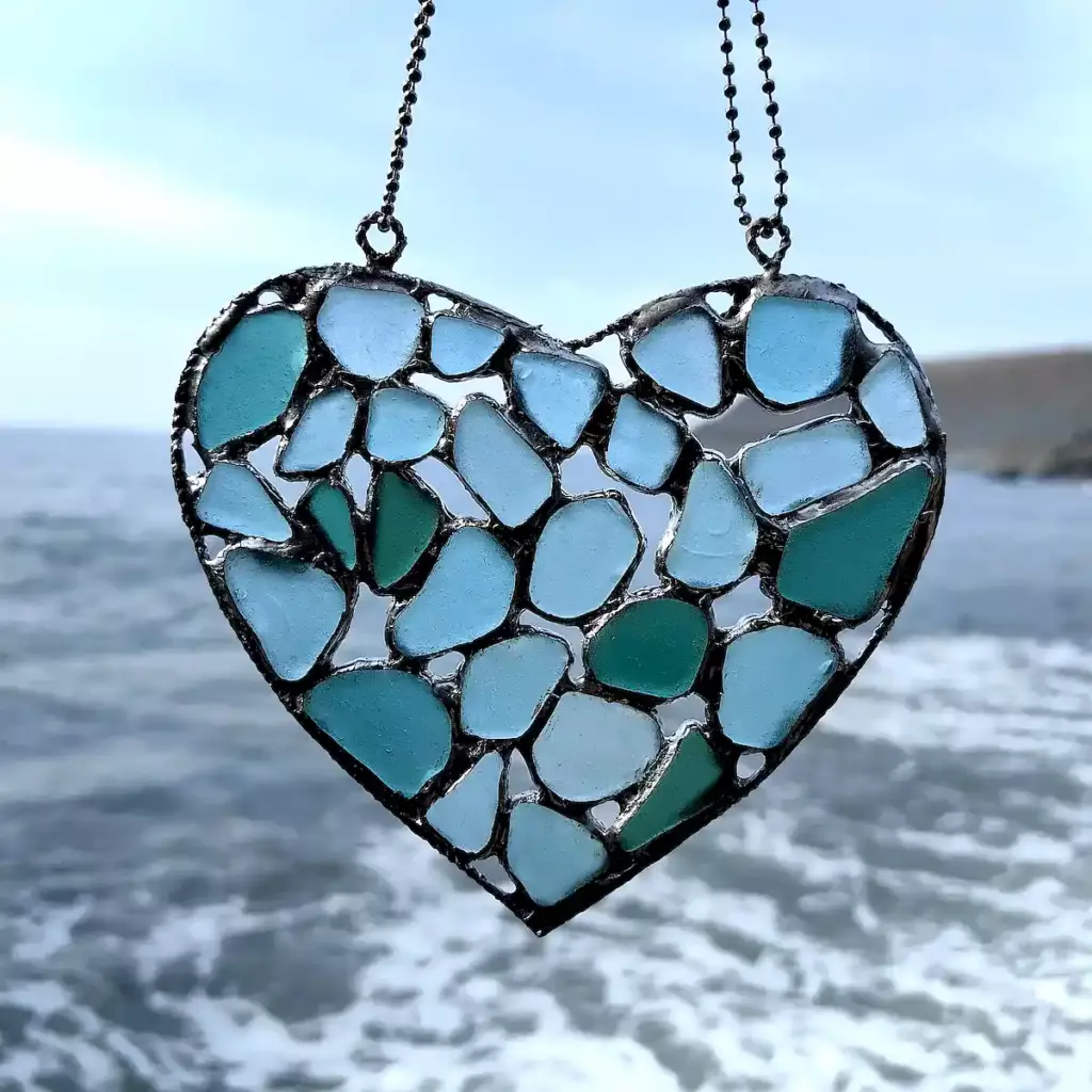 Blue and teal Ocean Glass Heart Suncatcher - Japan Sea Glass