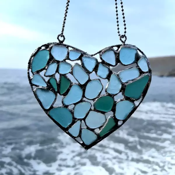 Blue and teal Ocean Glass Heart Suncatcher - Japan Sea Glass