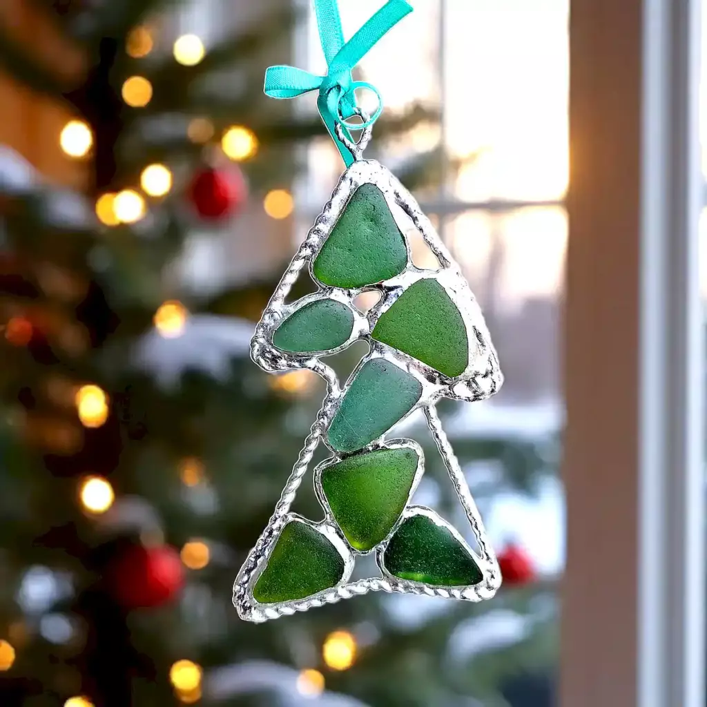 Green Christmas tree suncatcher made from genuine sea glass-Japan Sea Glass