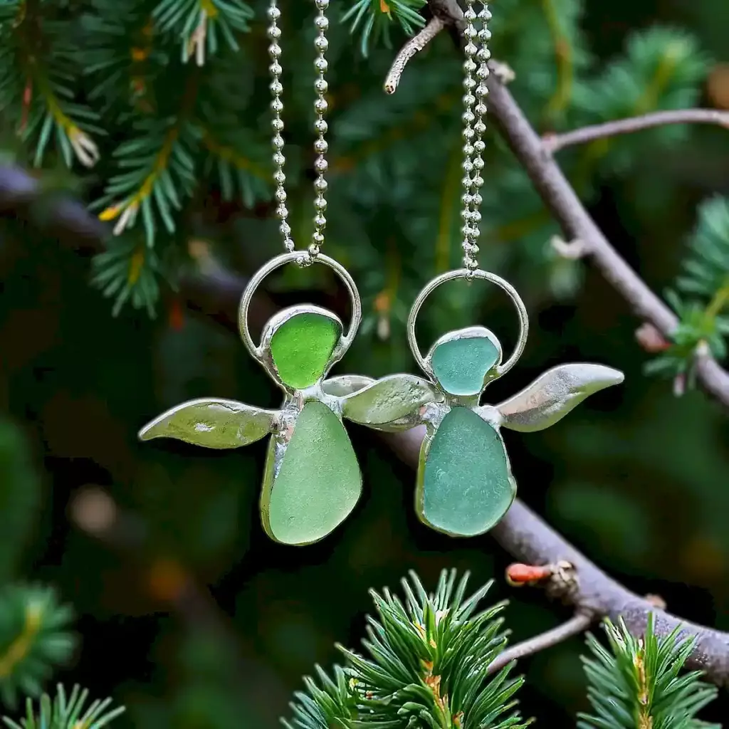 Beautiful sea glass angels next to Christmas tree - Japan Sea glass
