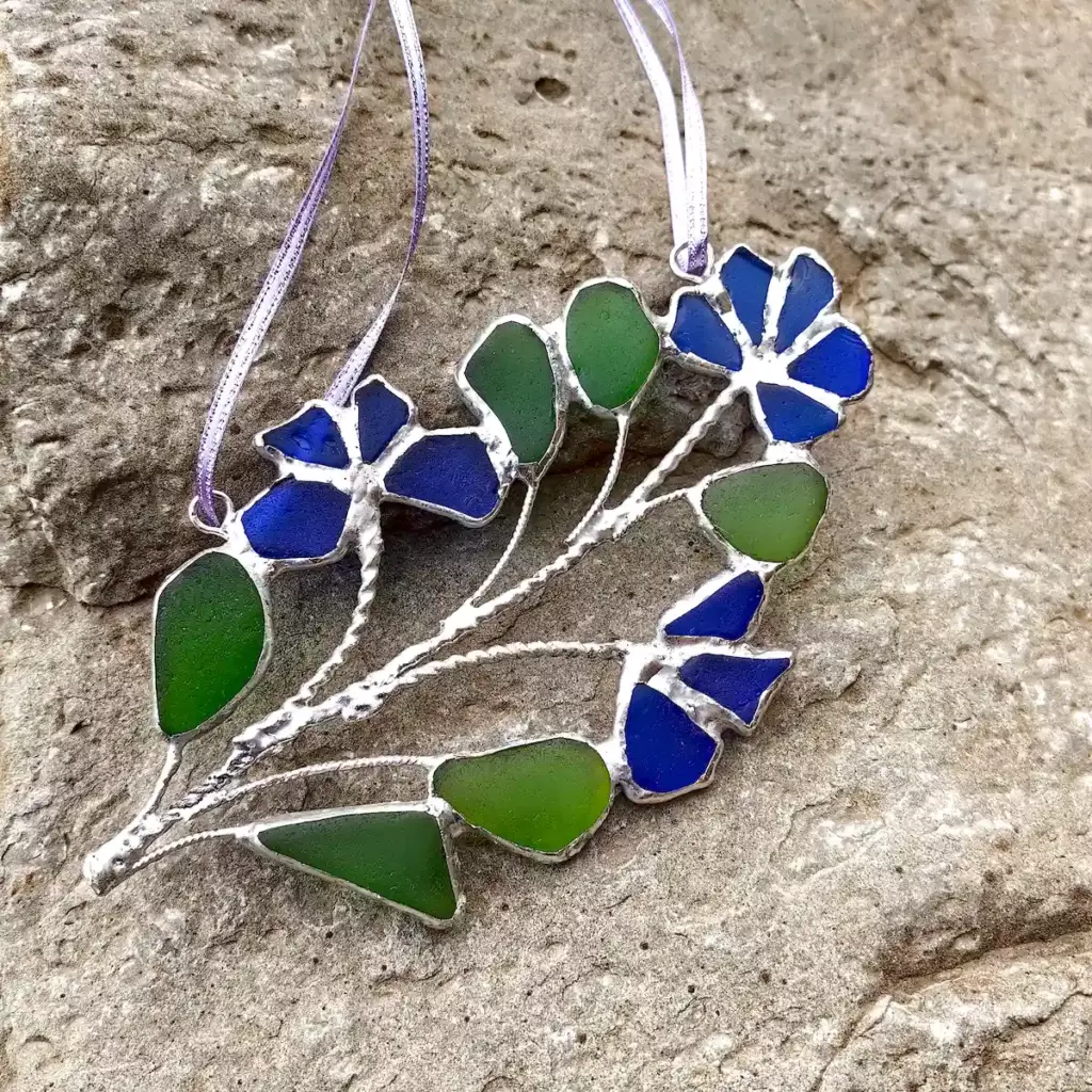 blue flower branch sea glass suncatcher