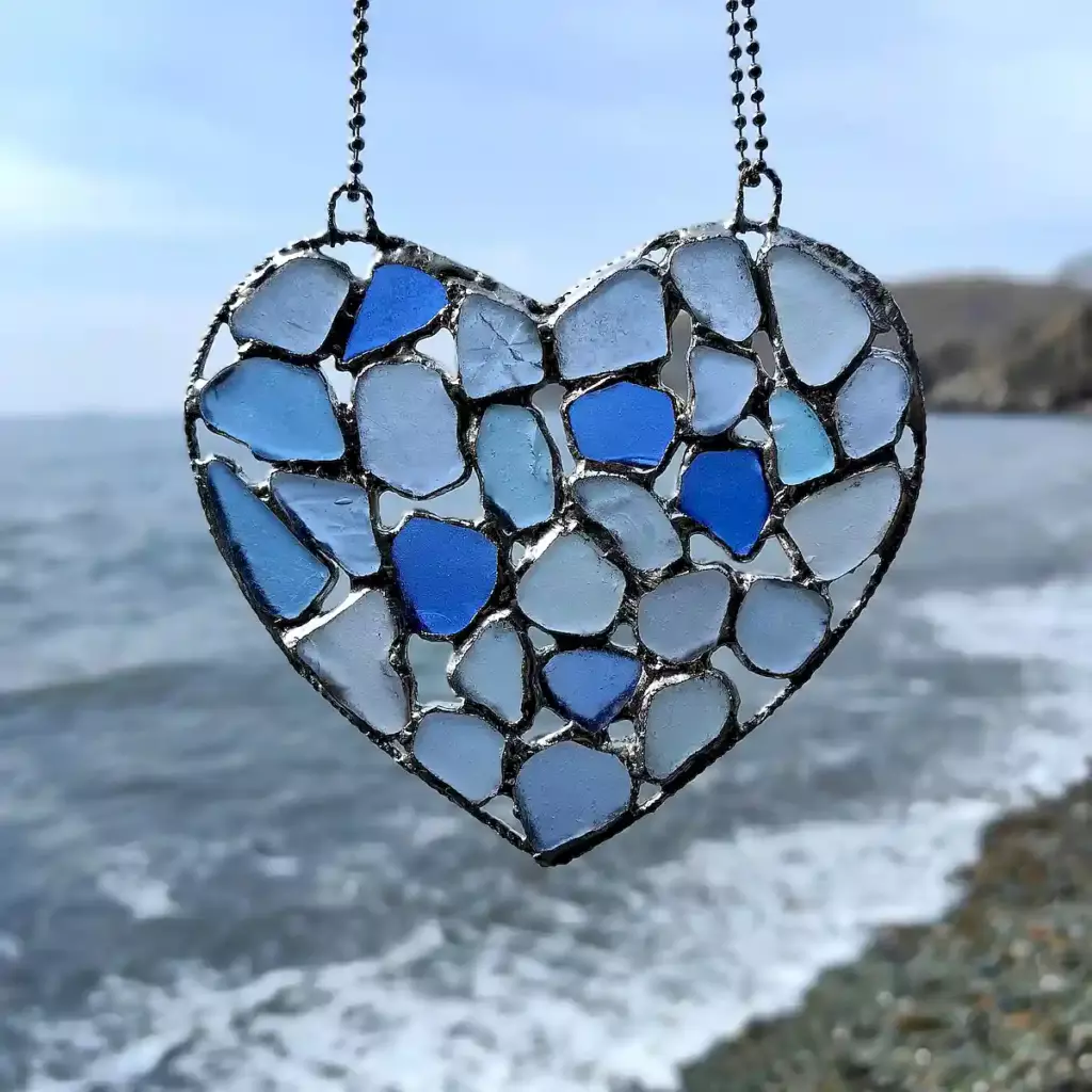 Blue Sea Glass Heart Suncatcher - Japan Sea glass