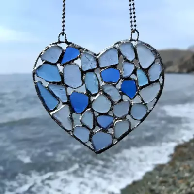 Blue Sea Glass Heart Suncatcher - Japan Sea glass