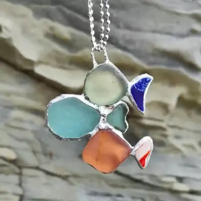 Sea Glass Three Fish Hanging-Japan Sea glass