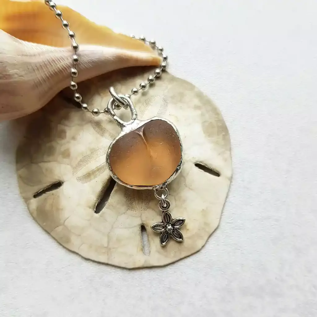 Peach Sea Glass Charm Necklace with flower charm - Japan Sea glass