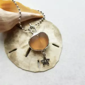 Peach Sea Glass Charm Necklace with flower charm - Japan Sea glass