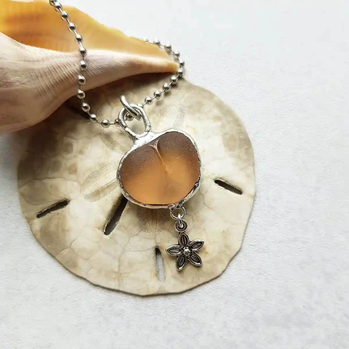 Peach Sea Glass Charm Necklace with flower charm - Japan Sea glass