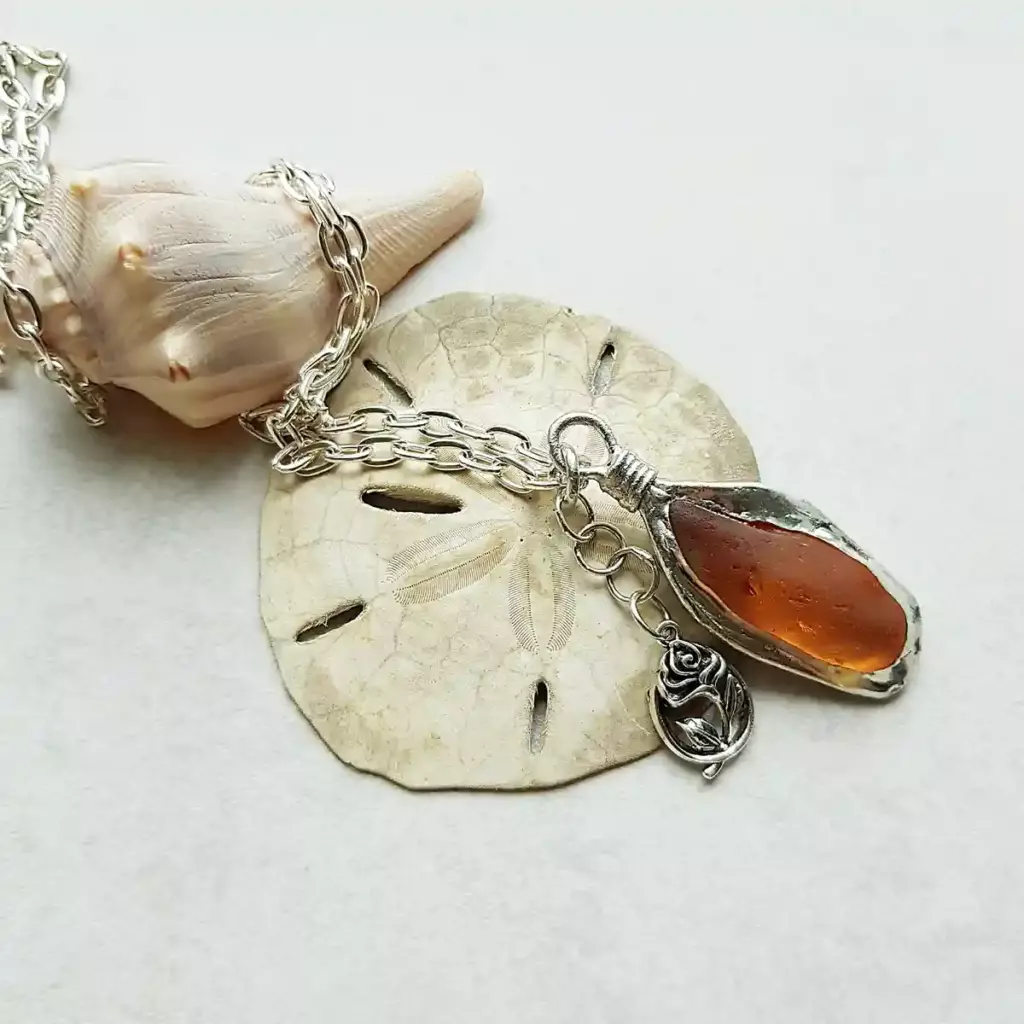 Amber Sea Glass Rose Necklace - Eco Friendly Earthy Jewelry - Japan Sea Glass