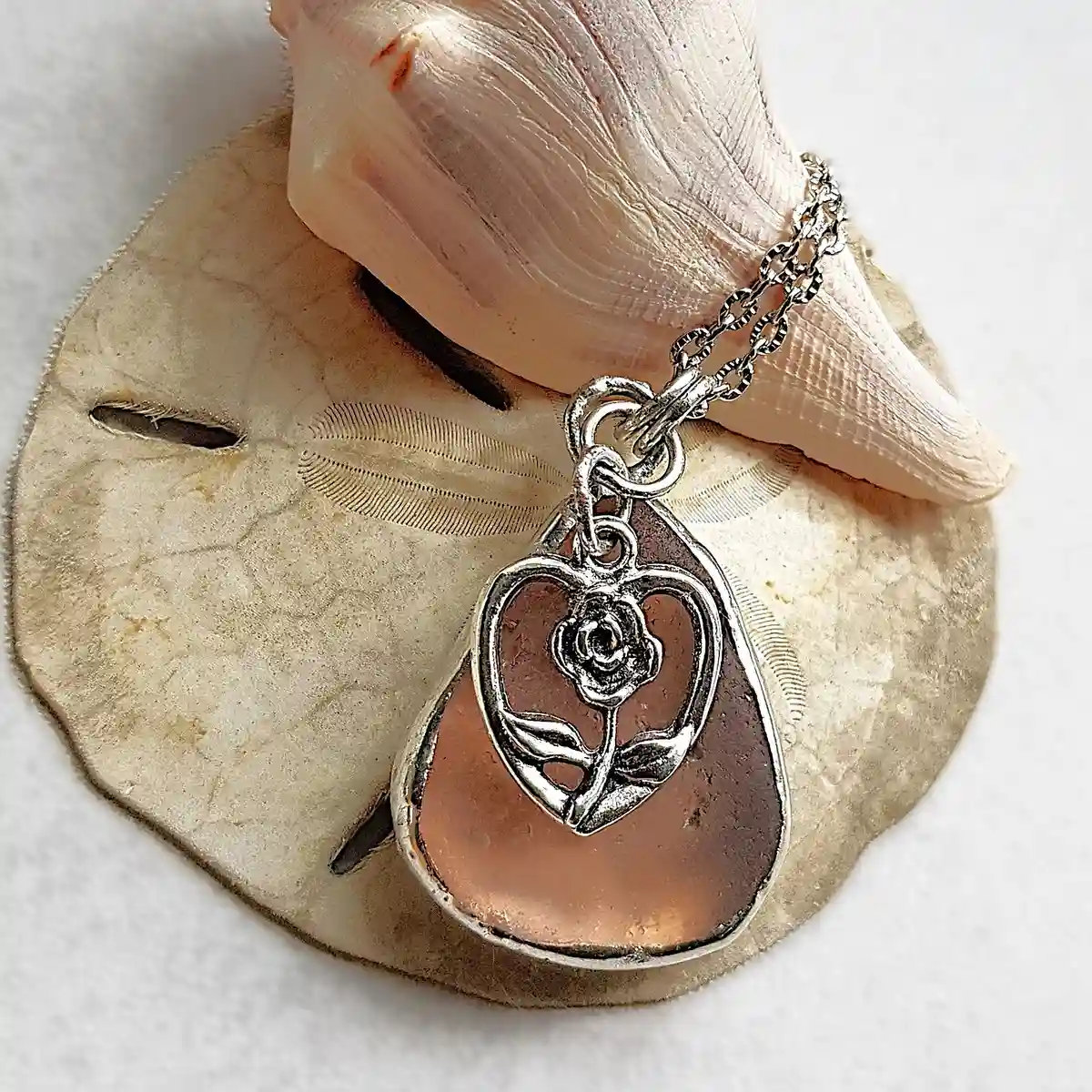 Flower Pink Sea Glass Necklace 