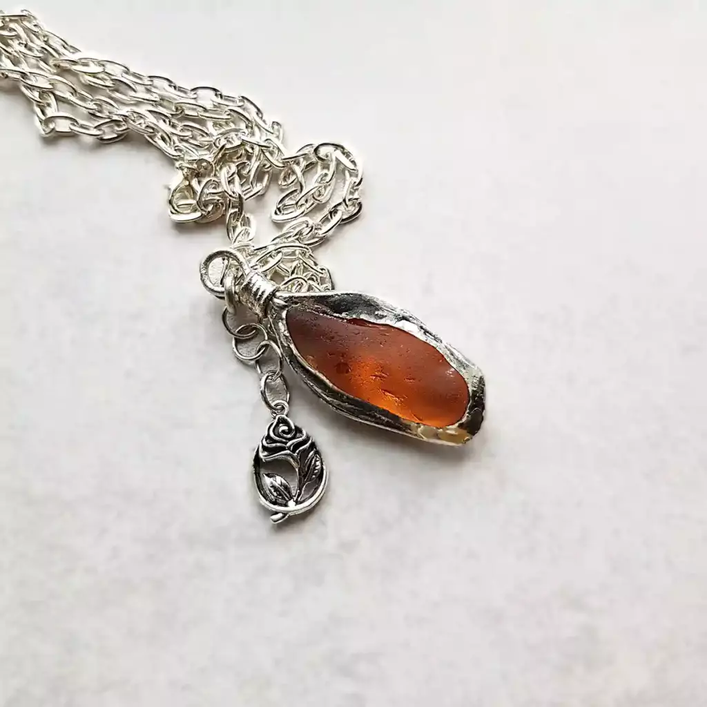 Amber sea glass necklace with rose charm - Cottagecore Botanical Pendant