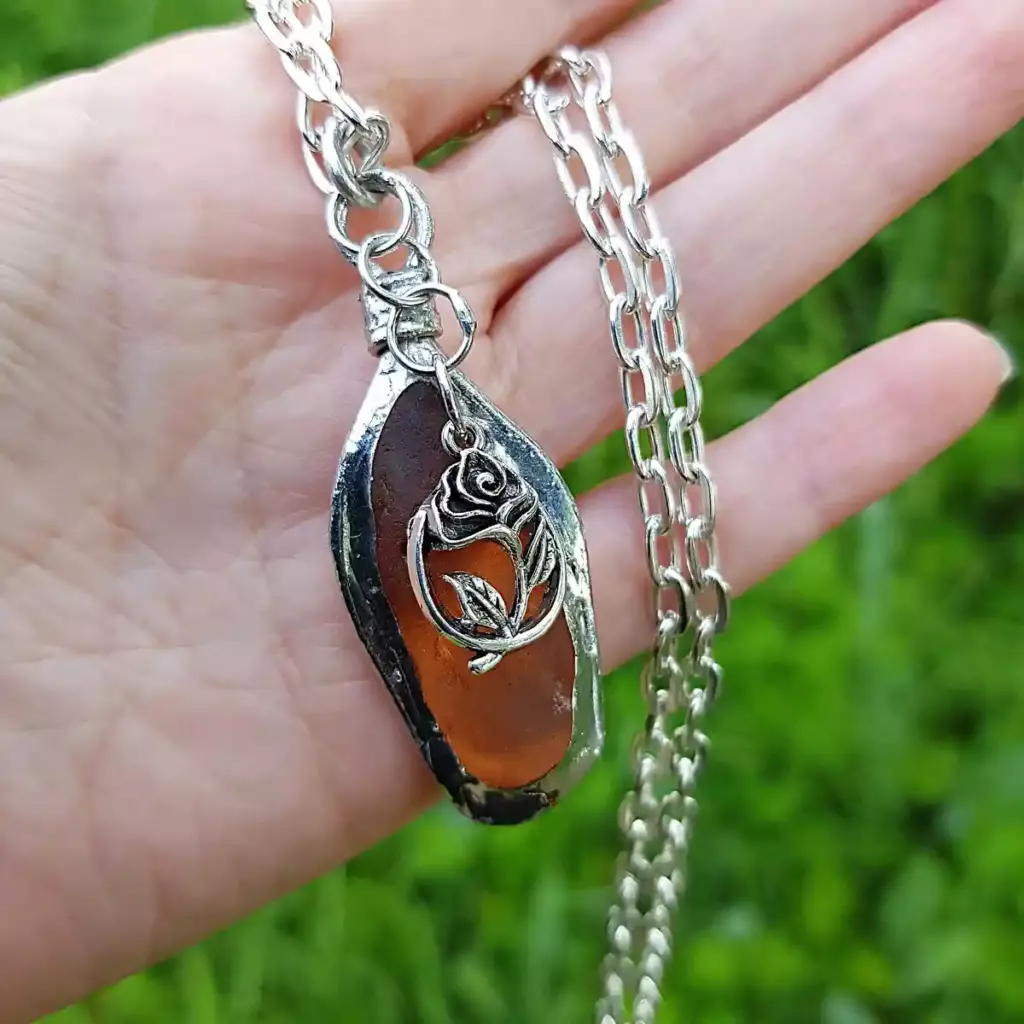 Amber Sea Glass Rose Necklace - Unique Romantic Gift for Her