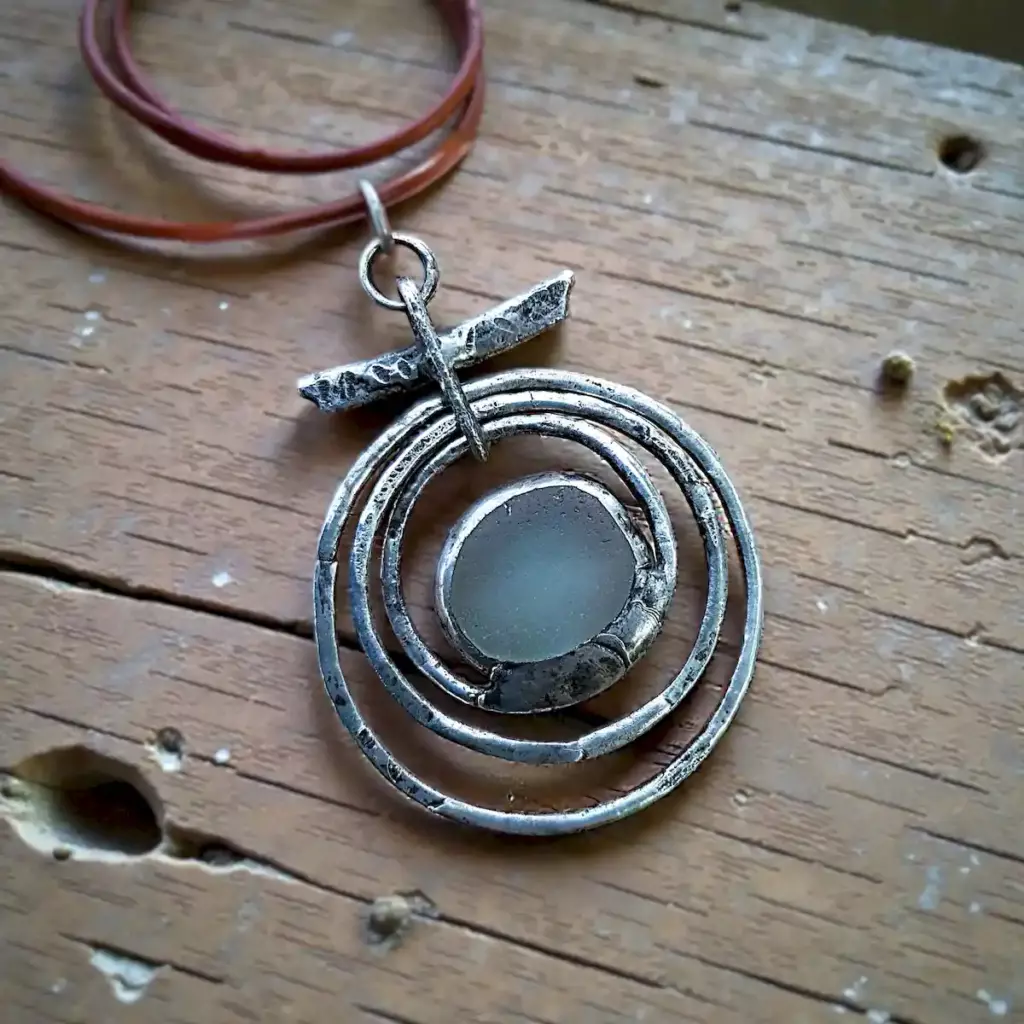 Foggy Sea Glass Necklace-Orbital Pendant -Japan Sea glass