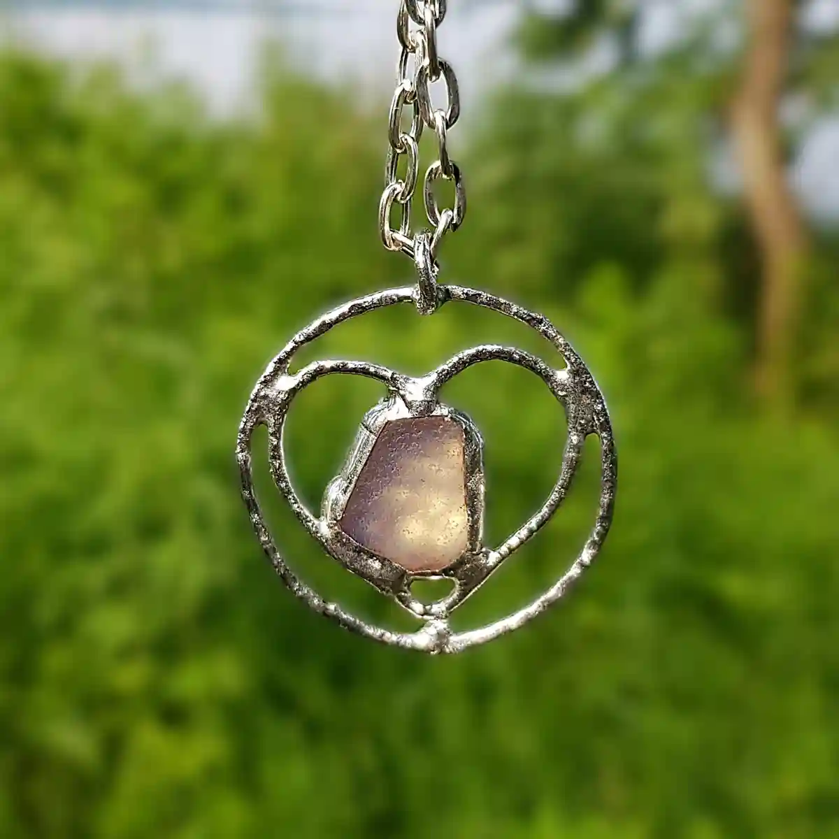 Opalescent Sea Glass Heart Necklace - Japan Sea glass