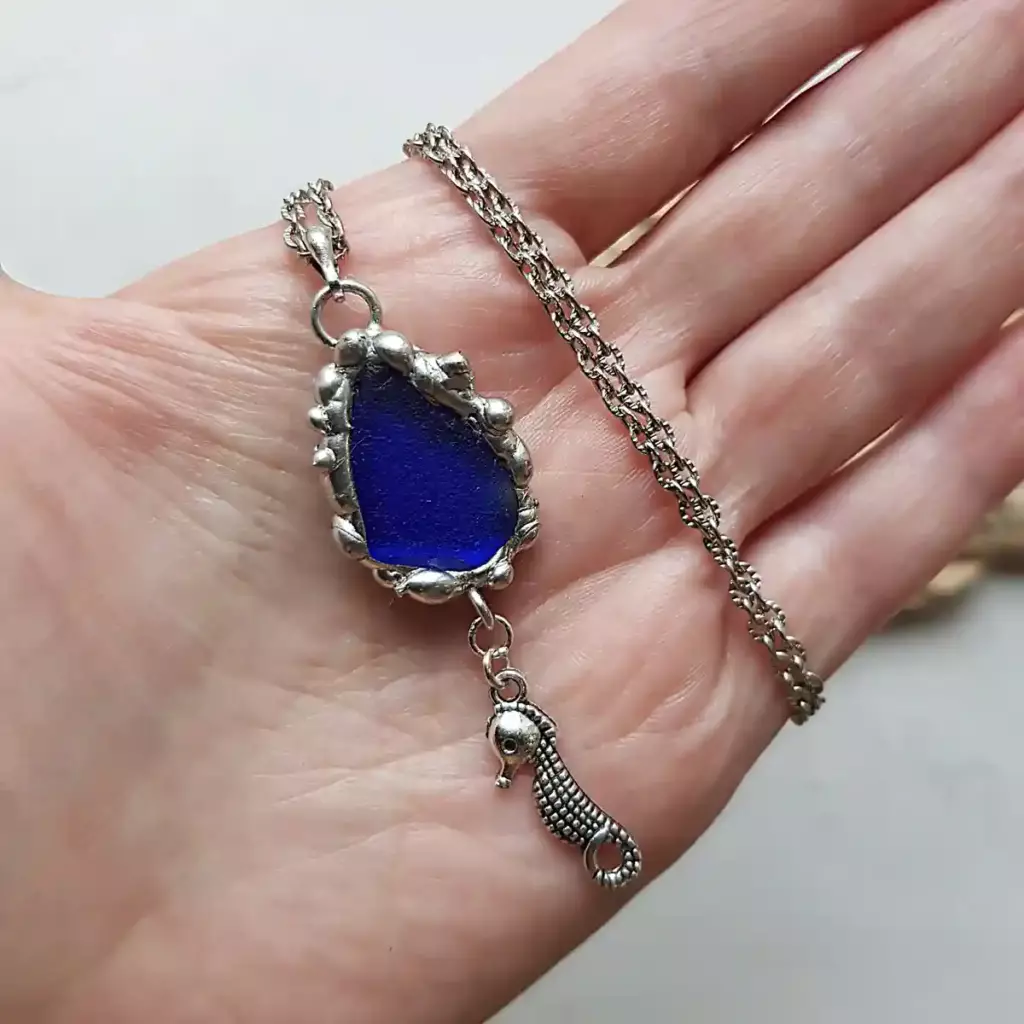 Silver Tone Sea Horse Charm - Cobalt blue sea glass - Coastal Jewelry