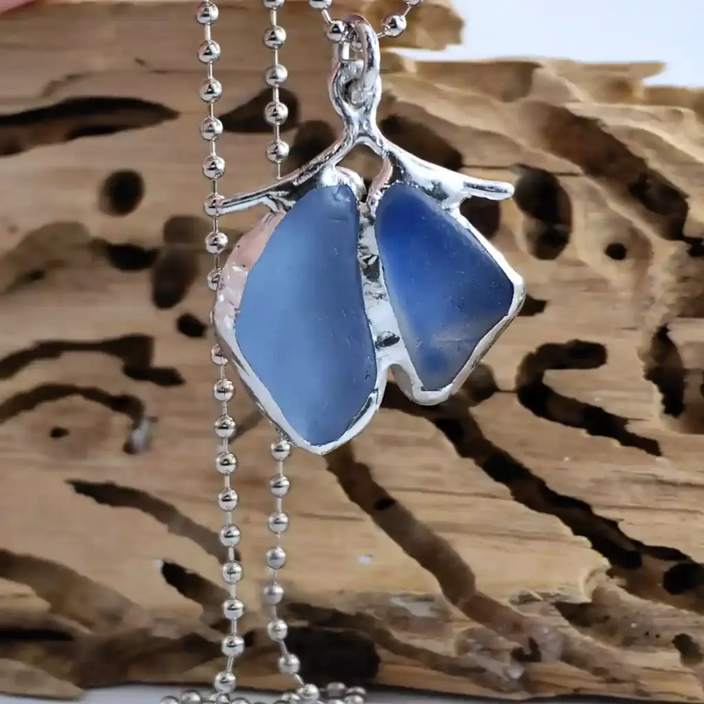 Butterfly Wings Necklace -Rare Cornflower Blue Sea Glass Necklace - Japan Sea Glass
