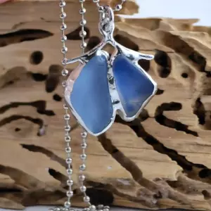 Butterfly Wings Necklace -Rare Cornflower Blue Sea Glass Necklace - Japan Sea Glass