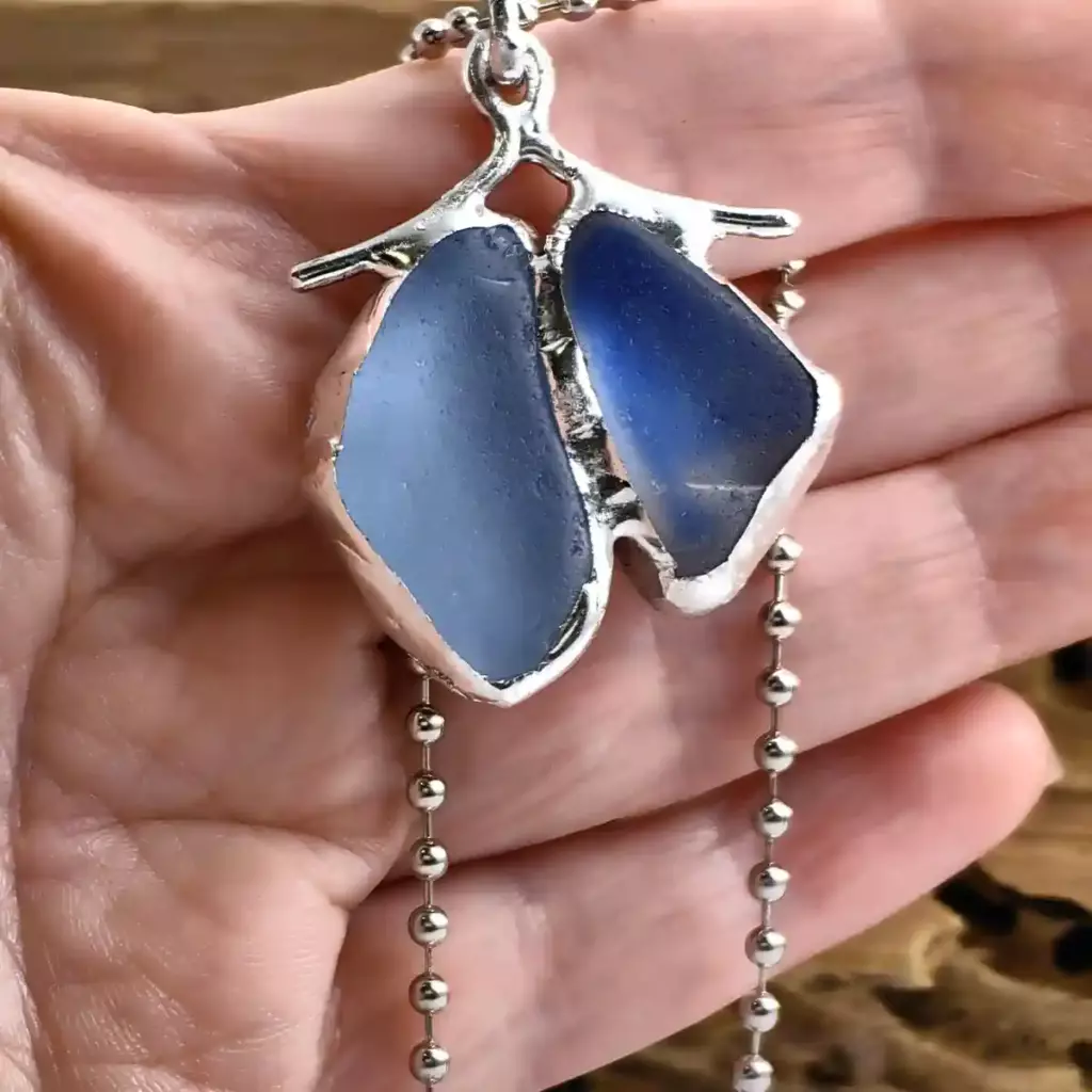 Butterfly Wings Necklace -Rare Cornflower Blue Sea Glass Necklace - Japan Sea Glass