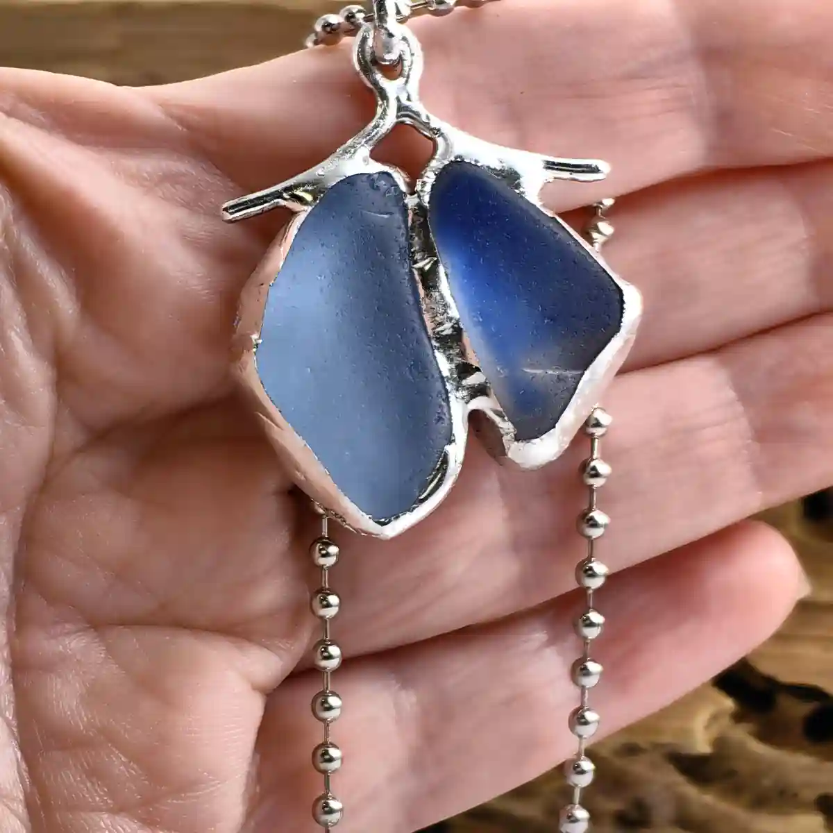 Butterfly Wings Necklace -Rare Cornflower Blue Sea Glass Necklace - Japan Sea Glass