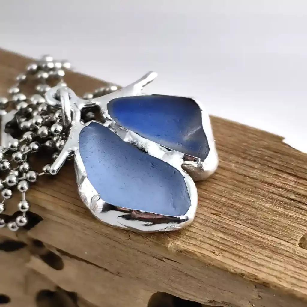 Butterfly Wings Necklace-Rare Cornflower Blue Sea Glass Necklace -Artisan Hand Soldered Pendant- Japan sea glass
