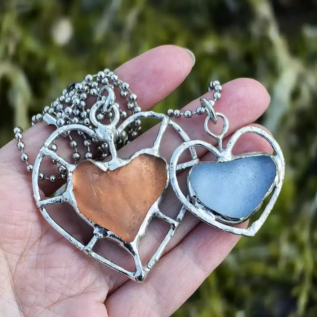 Blue and orange Sea glass heart necklace set of 2 - Sea sister jewelry - Japan Sea glass