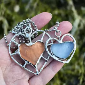 Blue and orange Sea glass heart necklace set of 2 - Sea sister jewelry - Japan Sea glass