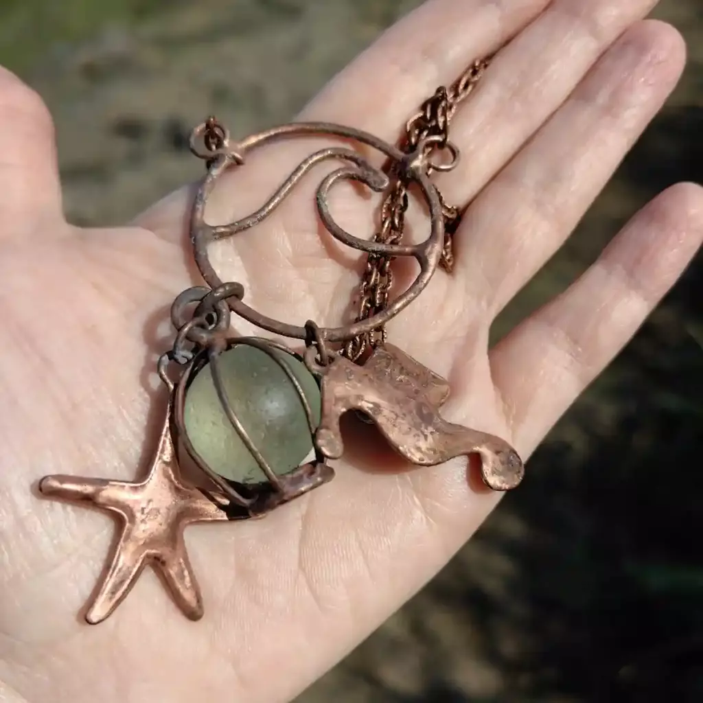 Patinated Sirencore Pendant with a Codd Marble and Seahorse & Starfish OOAK Charms