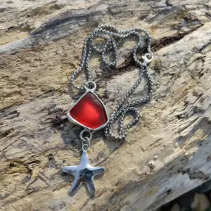 Genuine Red Sea Glass Necklace - Red Beach Glass Pendant - Handmade Starfish Charm - Japan Sea glass