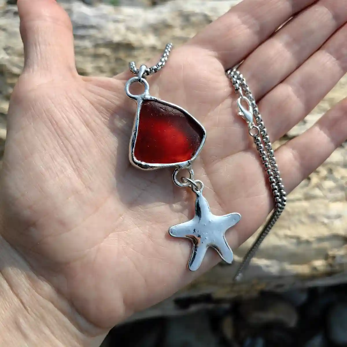 Genuine Red Sea Glass Necklace - Handmade Starfish Charm - Japan Sea glass