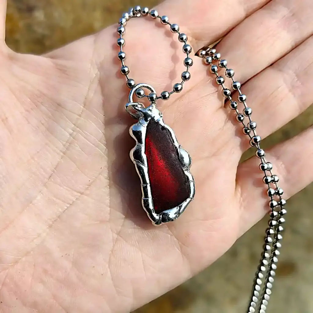 Rare Ruby Red Beach Glass Pendant - Soldered Artisan Jewelry - Japan Sea glass
