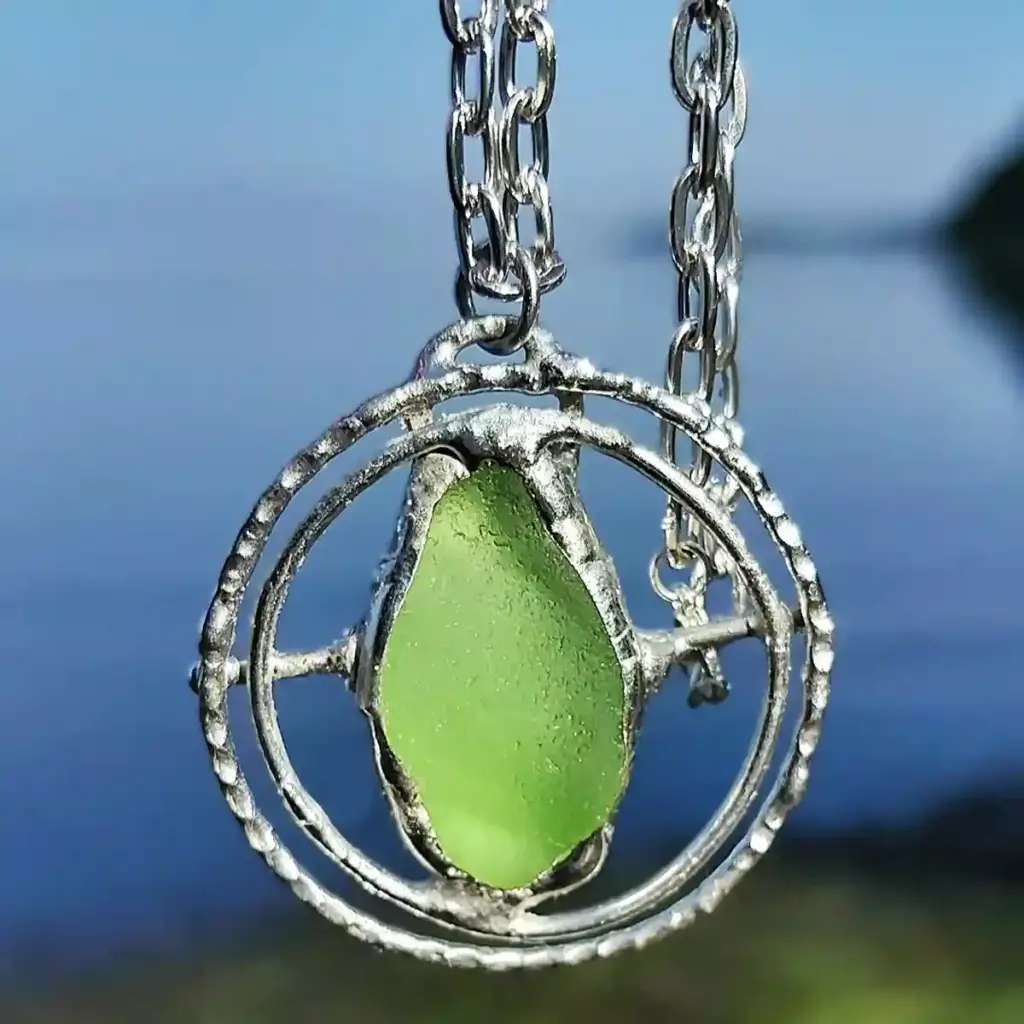 Apple Green Sea Glass Orbit Necklace-Japan Sea glass