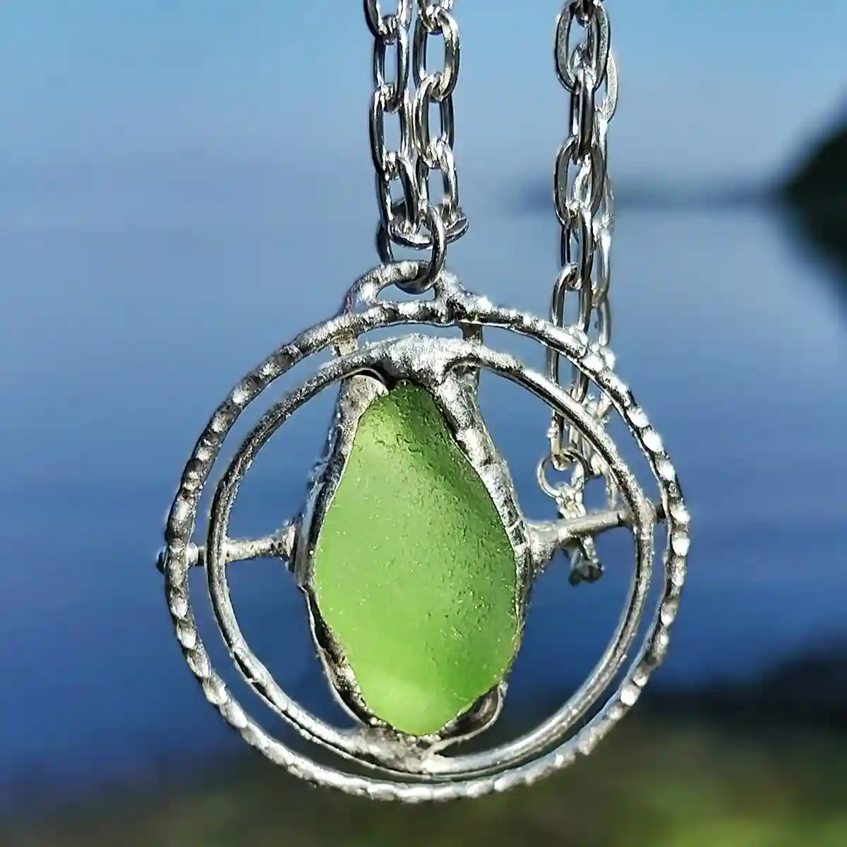Apple Green Sea Glass Orbit Necklace-Japan Sea glass