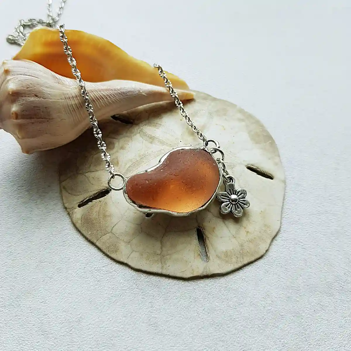 Amber Sea Glass Necklace with flower charm - Japan Sea glass