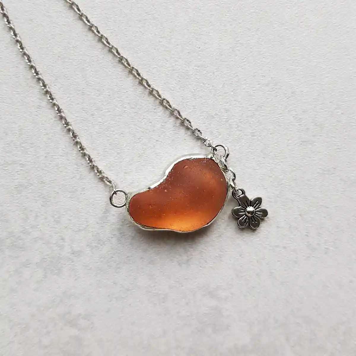 Amber Sea Glass Jewelry with flower charm - Japan Sea glass
