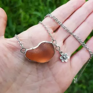 Amber Sea Glass Pendant with flower charm - Japan Sea glass