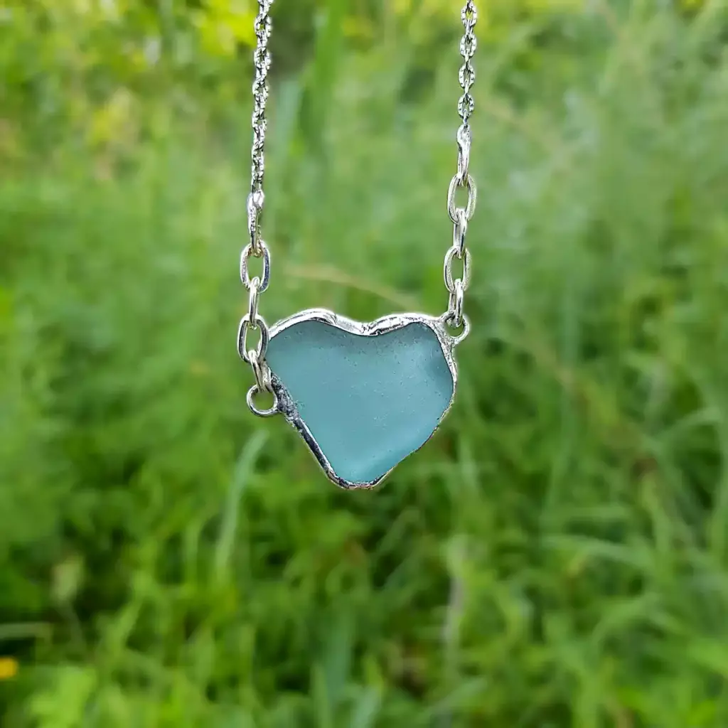 Aqua Sea Glass Heart Pendant
