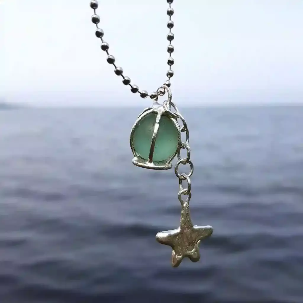 Great Teal Codd Marble Necklace - Japan Sea glass jewelry