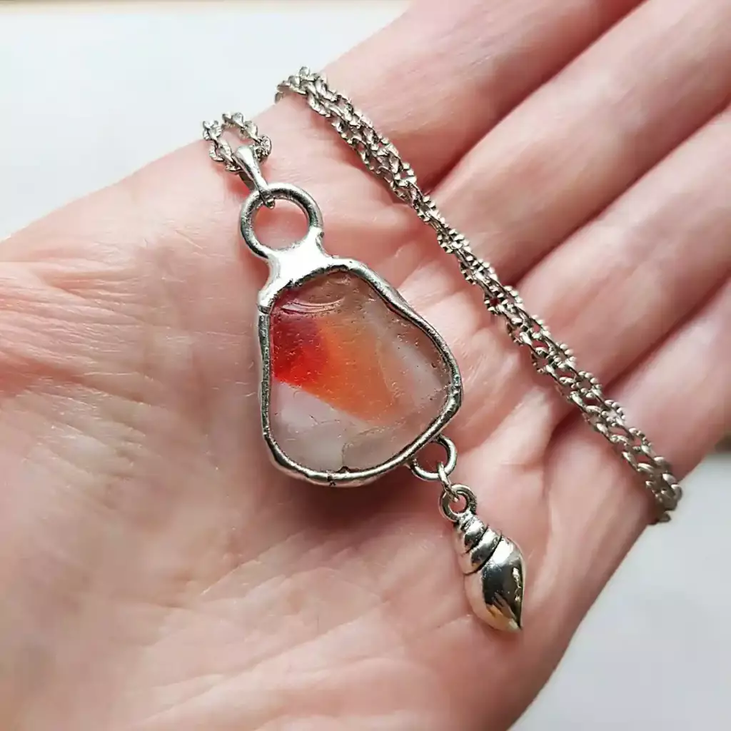 Genuine Multi Sea Glass Necklace with shell charm - Japan Sea glass