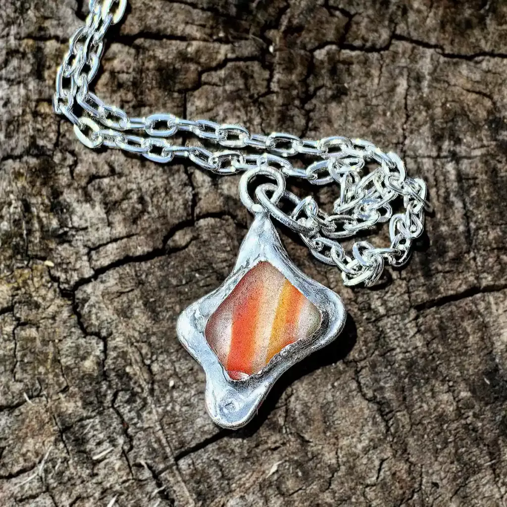 Artisan Orange Multi Sea Glass Pendant Necklace - Japan Sea glass